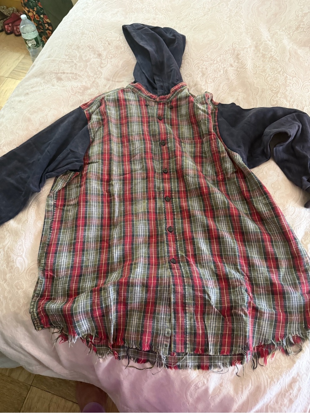 Plaid Button-Back Hoodie with Navy Sleeves
